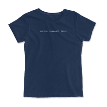 Load image into Gallery viewer, Navy blue crew neck t-shirt with white "CULTURE COMMUNITY PODER" text across the chest.
